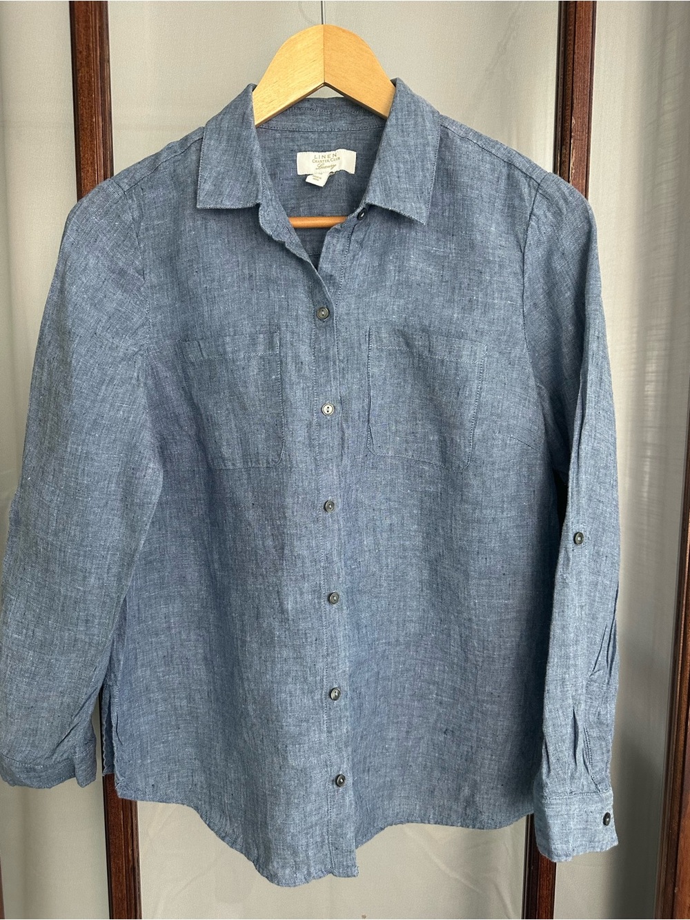 Charter Club Luxury Blue Chambray 100% Linen Button Down Shirt Medium Petite